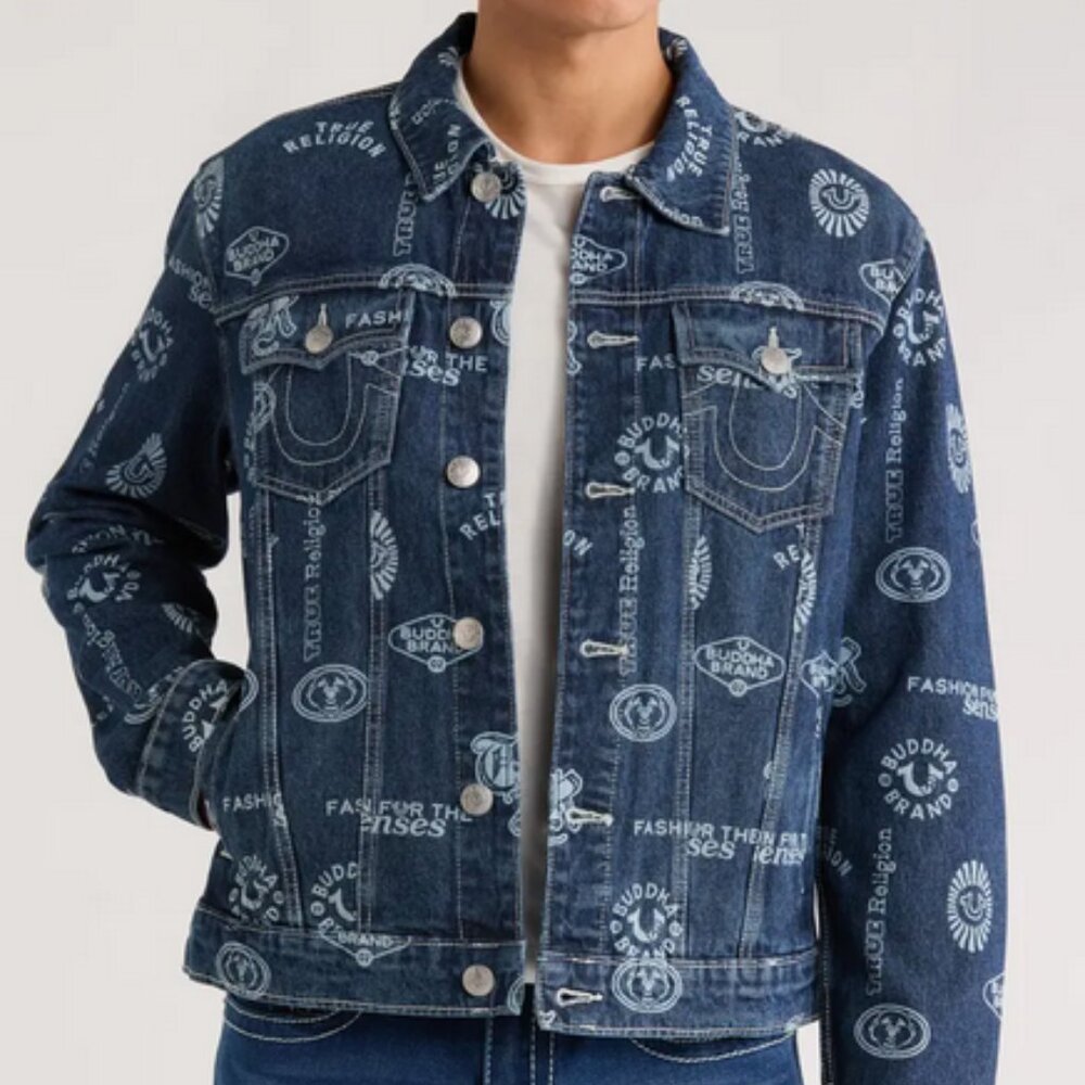 True Religion AOP Logo Denim SN Jacket Medium Rustic Barn Wash Size XL NWT - Picture 2 of 12